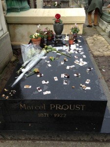 Proust's resting place in Pere Lachaise, the largest cemetery in the city of Paris. Visitors leave their metro tickets there to indicate that they'll be returning. We will, too!